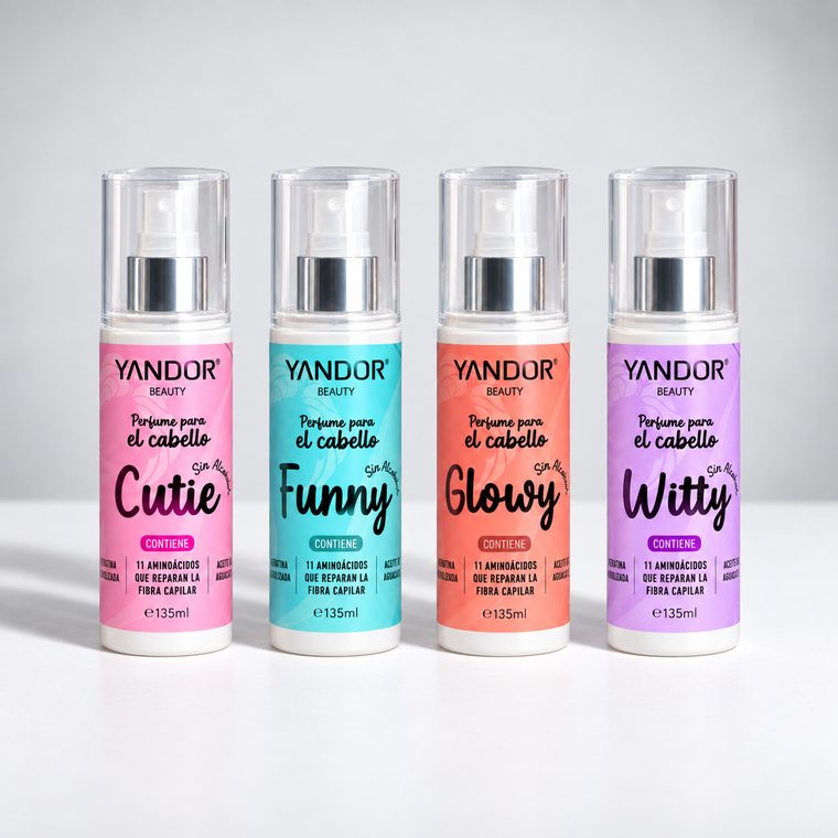 Los cuatro Perfume para el Cabello Yandor: Cutie, Funny, Glowy y Witty