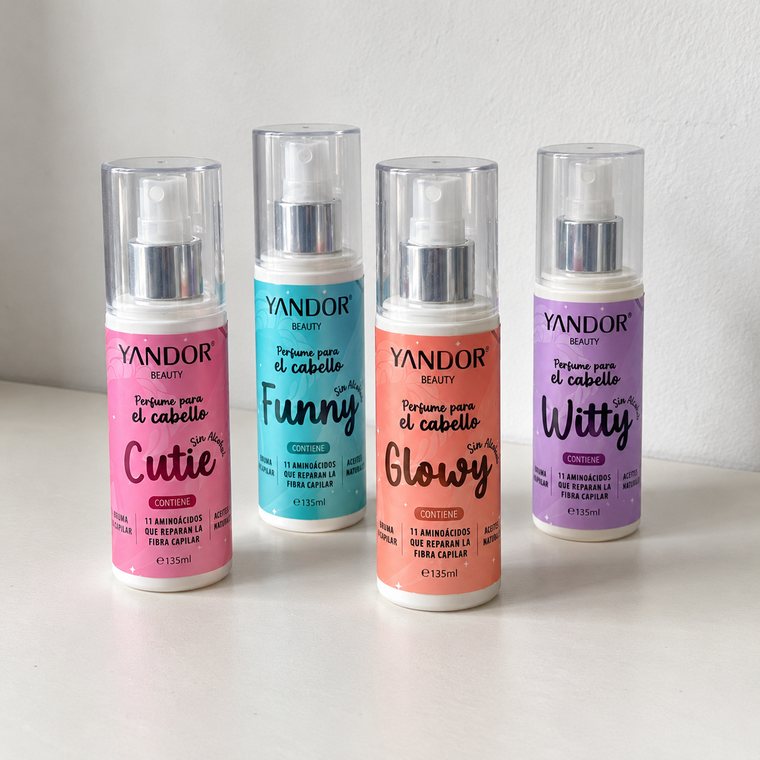Los cuatro Perfume para el Cabello Yandor: Cutie, Funny, Glowy y Witty