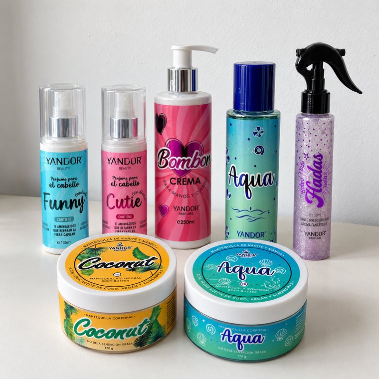 Mantequilla, crema, perfume para el cabello y splash con escarcha de la línea Yandor Beauty
