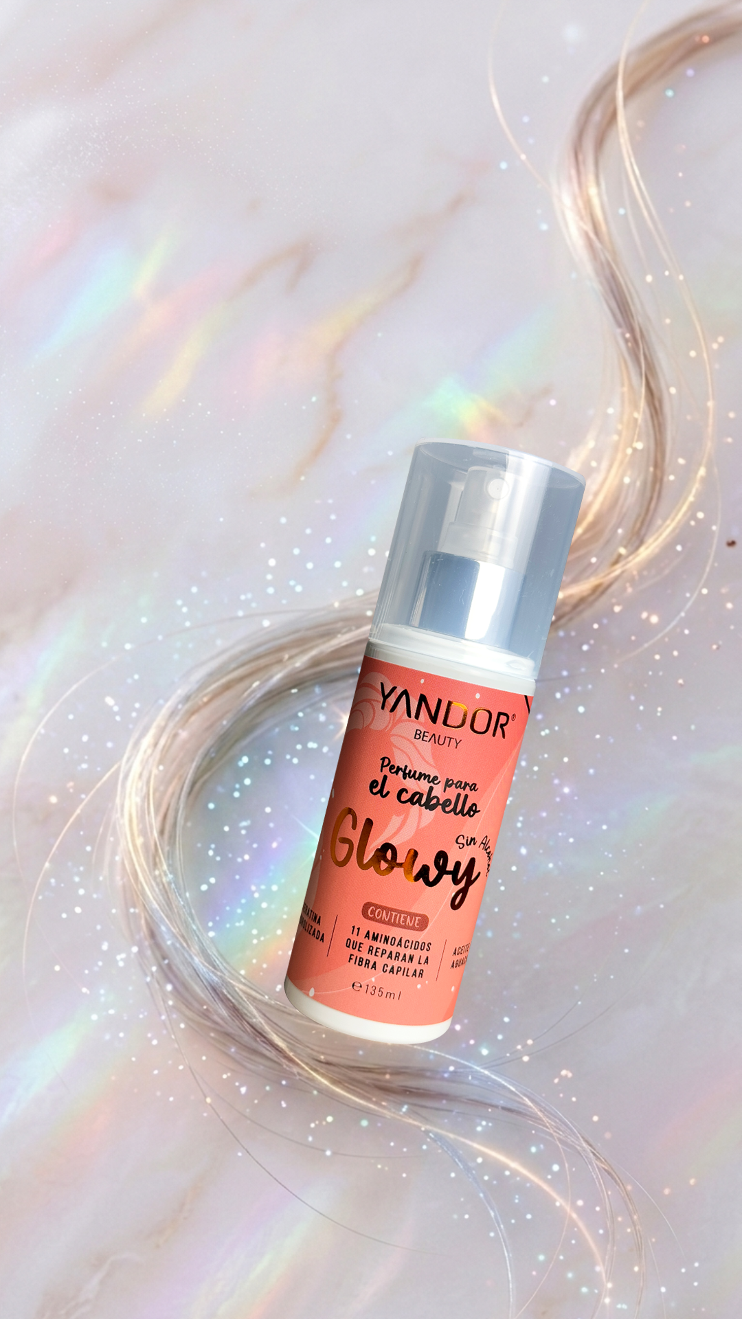 Perfume Para el Cabello Glowy. Con Keratina Hidrolizada, Aceite de Aguacate, 11 Aminoácidos  Sin alcohol (135 ml)
