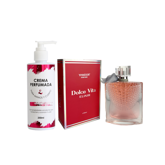 Combo de Perfume de lujo + Crema Perfumada + Tula Inspirado en La Vida es Bella Elixir de Lancome