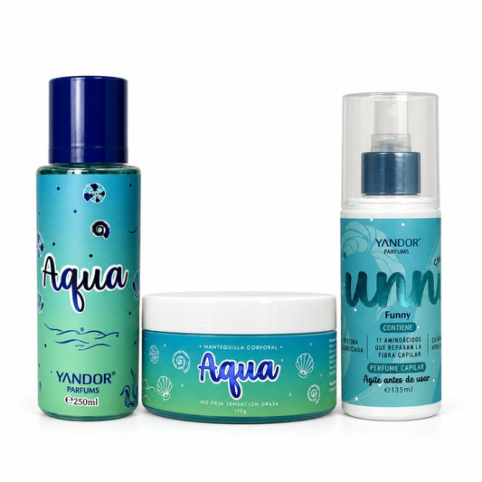 Kit de Splash y Mantequilla Corporal con Escarcha Aqua + Perfume del Cabello (Aqua, Funny)