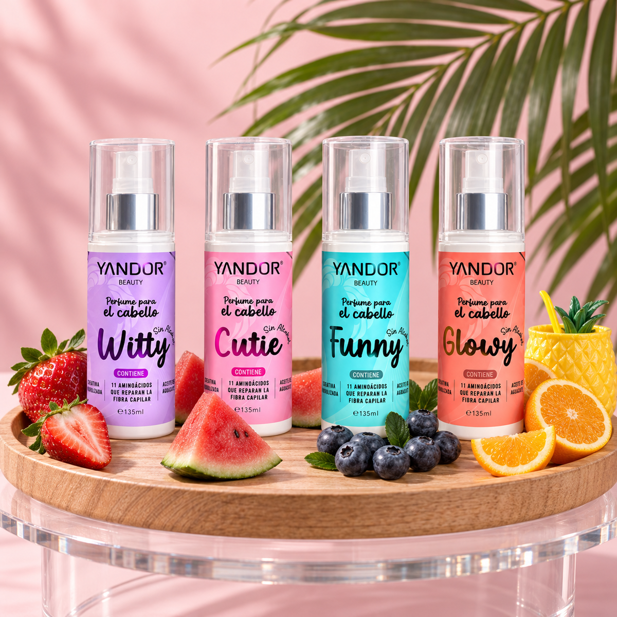 Kit de Cuatro Perfumes Para el Cabello. Con Keratina Hidrolizada, Aceite de Aguacate, 11 Aminoácidos y sin alcohol (135 ml)
