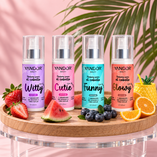 Kit de Cuatro Perfumes Para el Cabello. Con Keratina Hidrolizada, Aceite de Aguacate, 11 Aminoácidos y sin alcohol (135 ml)