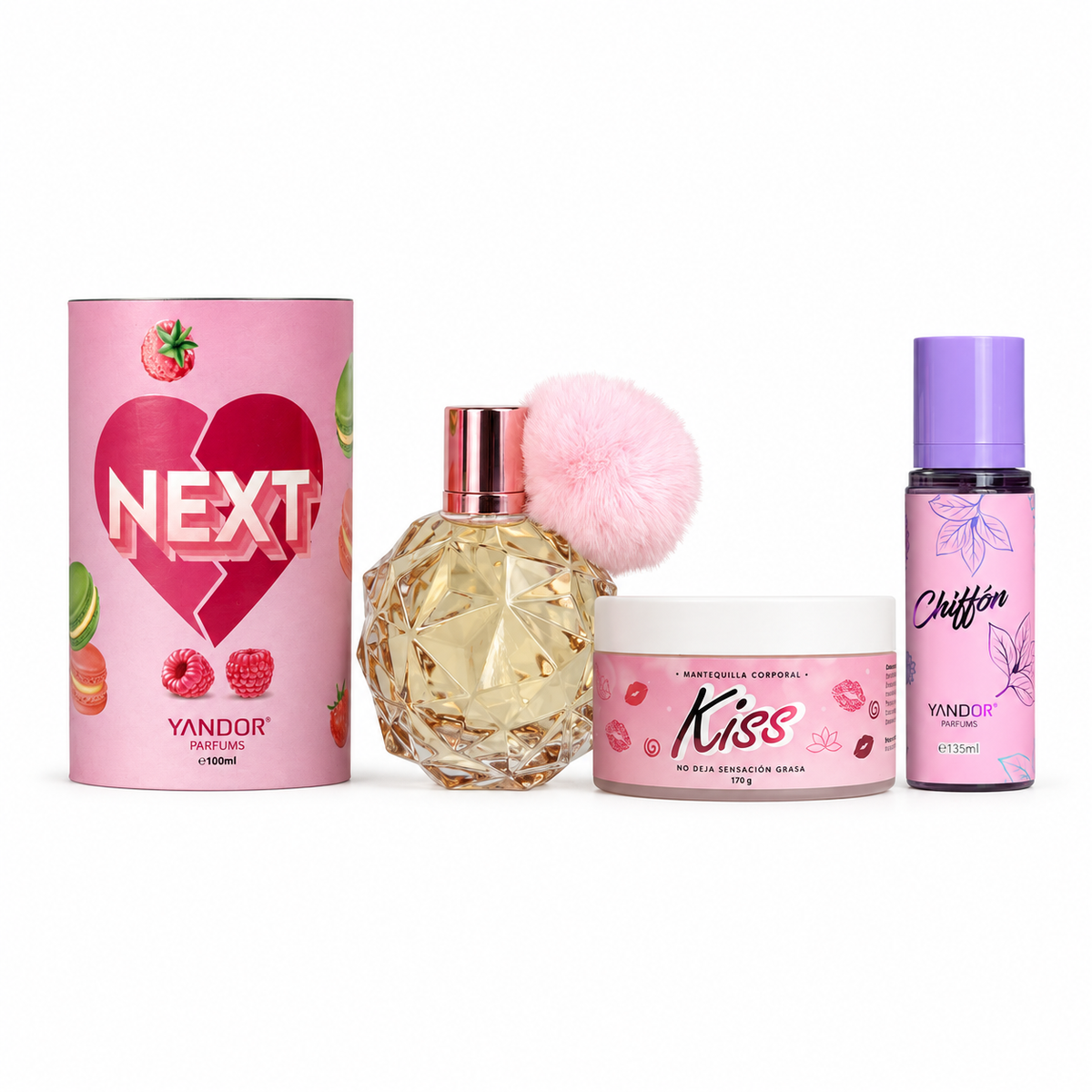 Combo Perfume Inspirado en Thank U, Next + Mini Splash Chiffon + Mantequilla Escarchada kiss