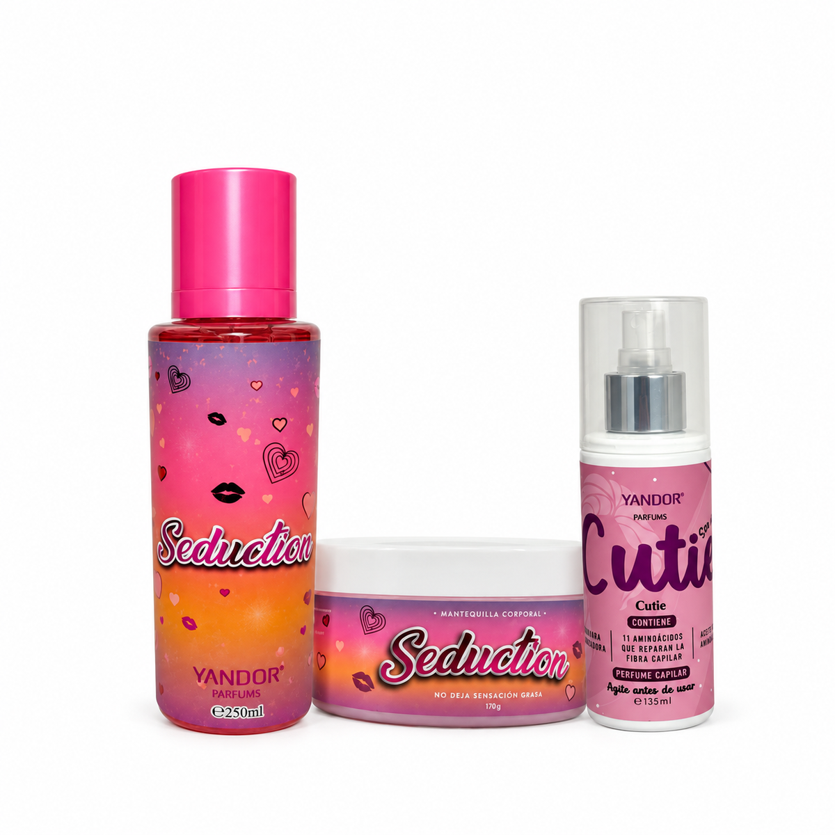 Kit de Splash y Mantequilla Corporal con Escarcha de Seduction + Perfume del Cabello (Seduction, Cutie)