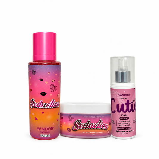 Kit de Splash y Mantequilla Corporal con Escarcha de Seduction + Perfume del Cabello (Seduction, Cutie)