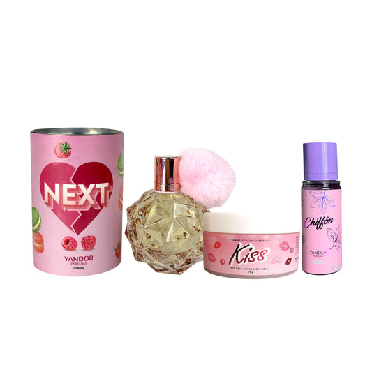Combo Perfume Inspirado en Thank U, Next + Mini Splash Chiffon + Mantequilla Escarchada kiss