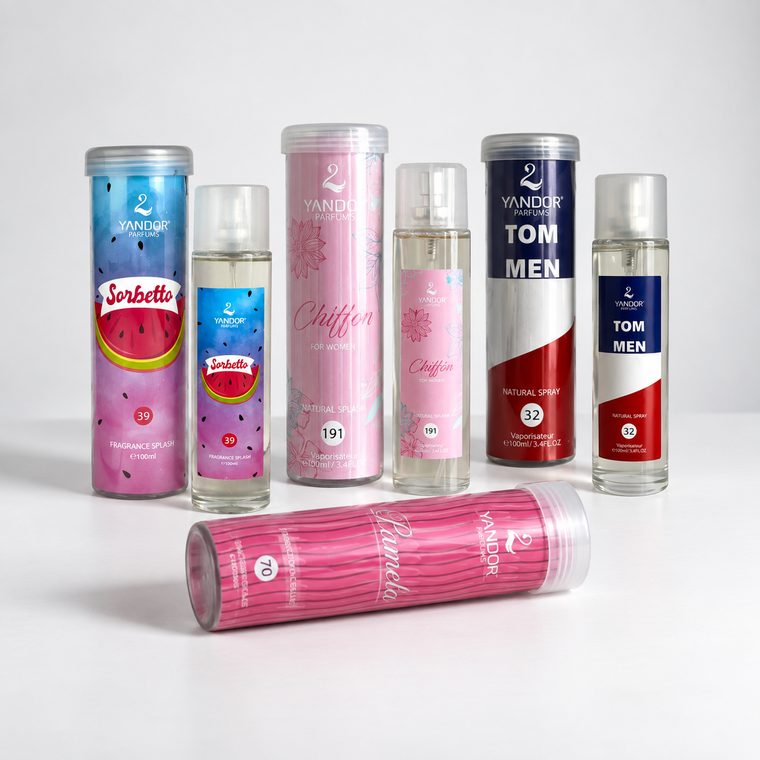 Perfumes Yandor en estuche cilíndrico transparente