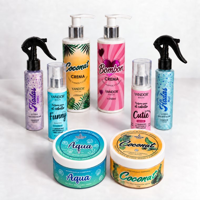 Mantequilla, crema, perfume para el cabello y splash con escarcha de la línea Yandor Beauty