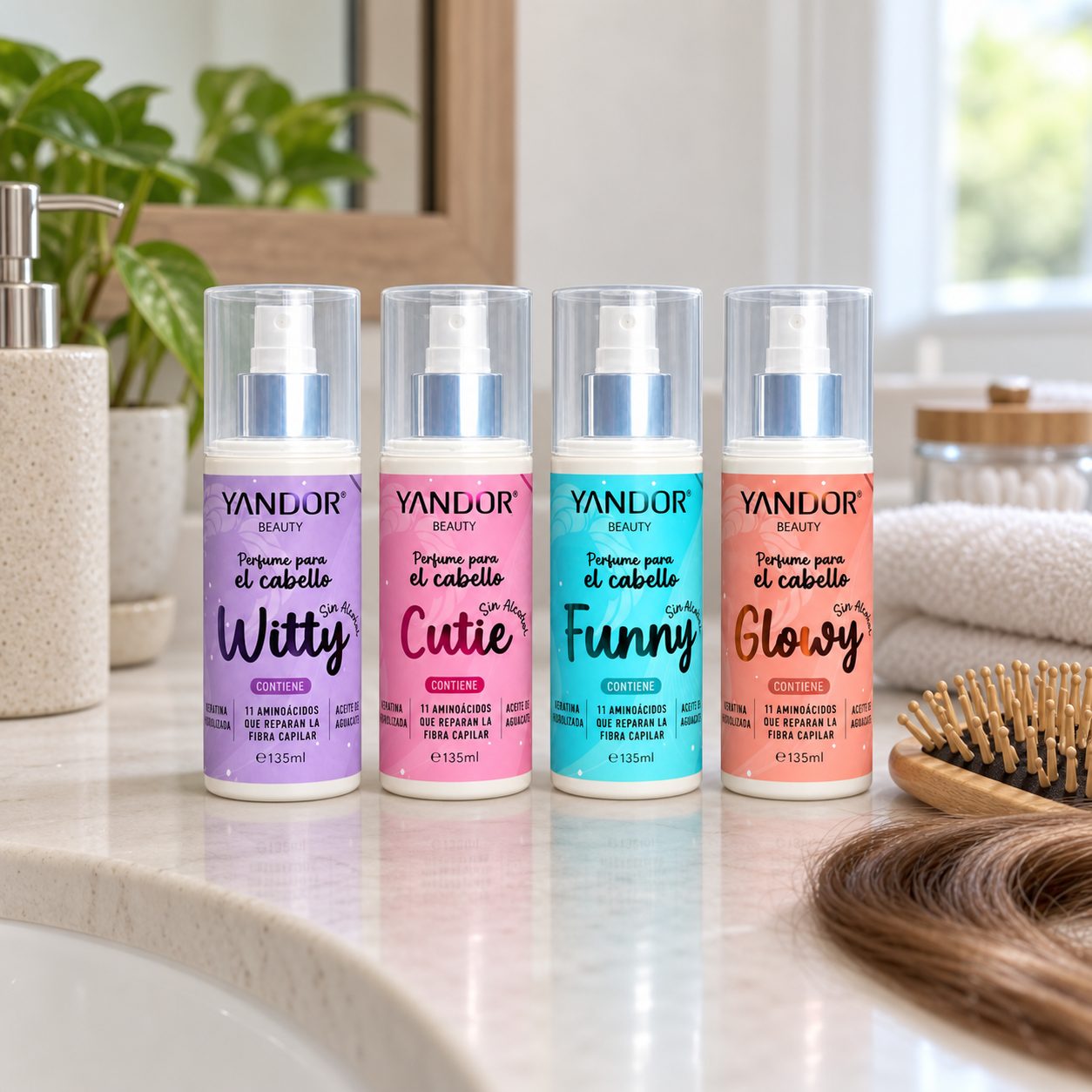 Las 4 fragancias de Perfume para el Cabello Yandor sobre un tocador