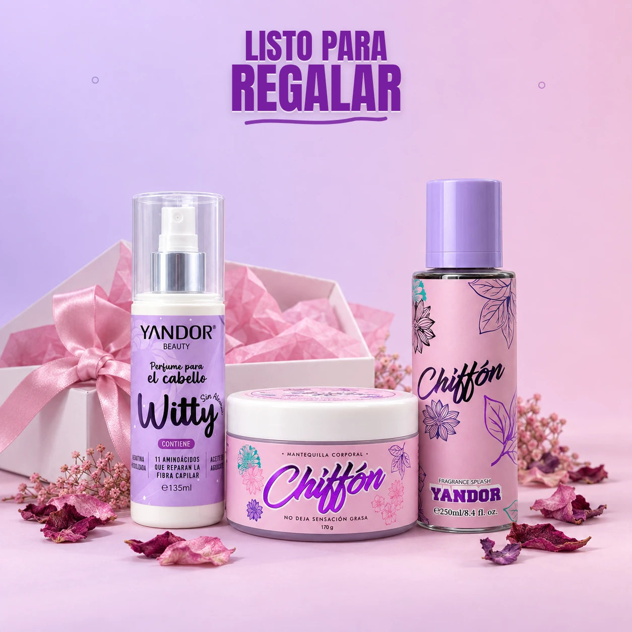 Kit de regalo Yandor con perfume para el cabello Witty, mantequilla y splash Chiffón, con el título Listo para regalar incrustado sobre un fondo pastel de estudio