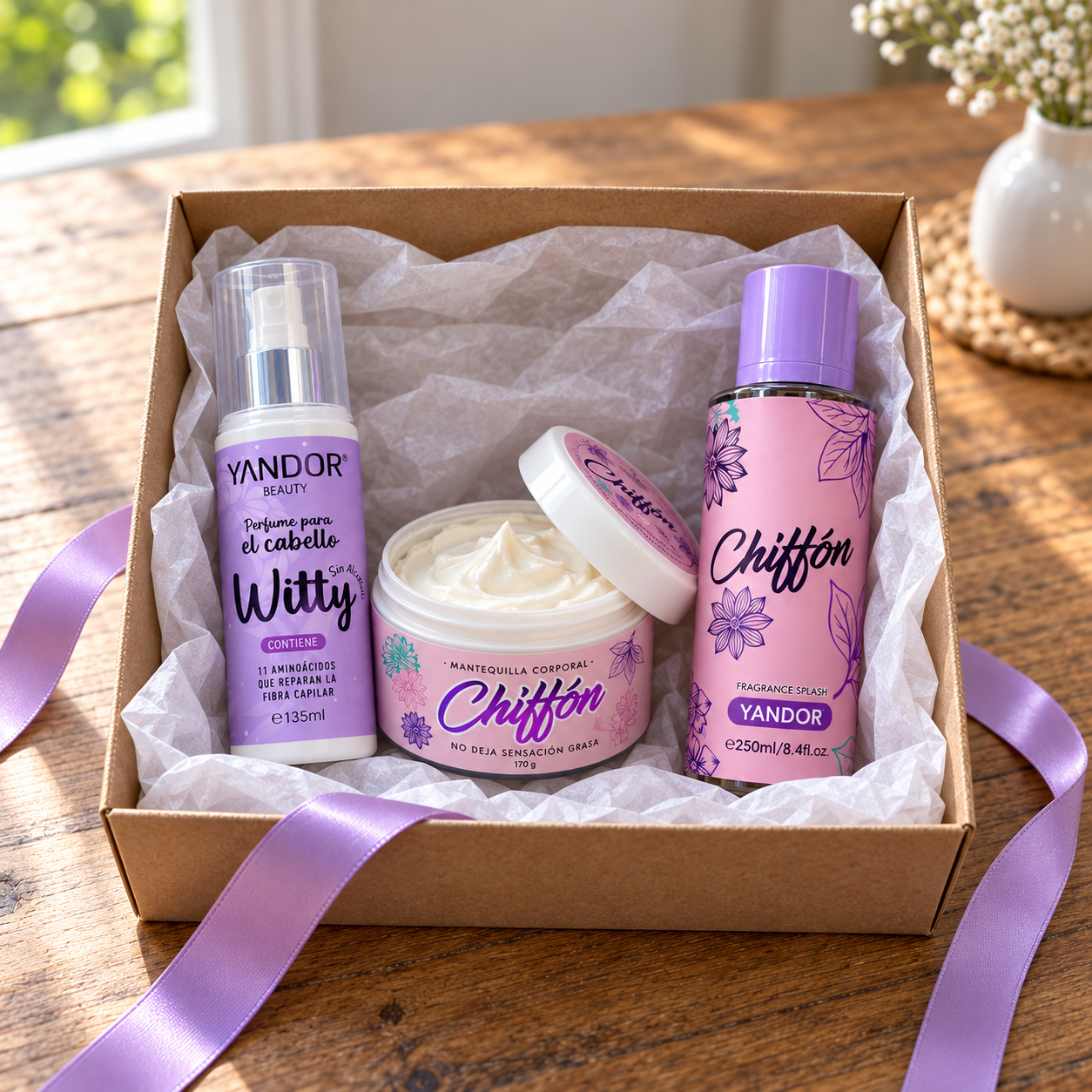 Kit de regalo Yandor con perfume capilar Witty, mantequilla y splash Chiffón