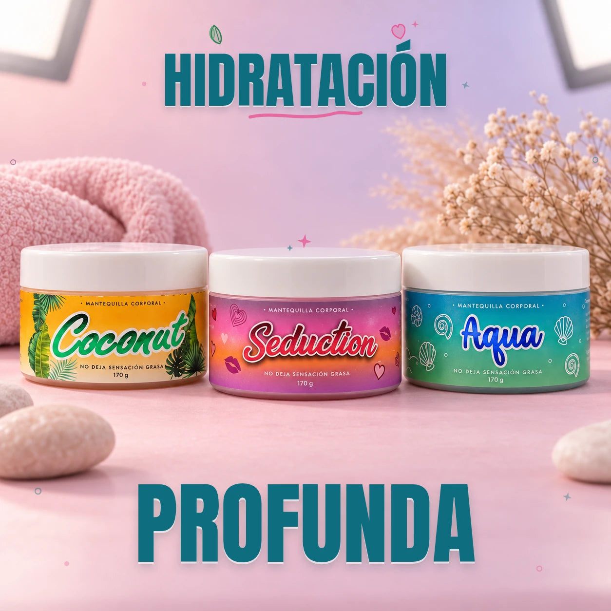 Mantequillas corporales Yandor Coconut, Seduction y Aqua, con el título Hidratación profunda incrustado sobre un fondo pastel de estudio