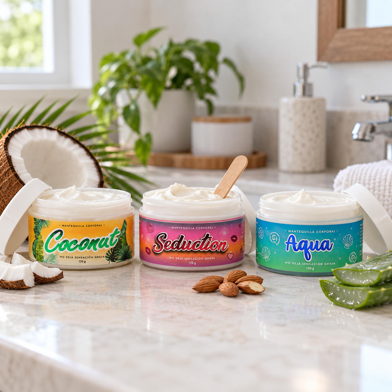 Mantequillas corporales Yandor Coconut, Seduction y Aqua abiertas sobre un mesón