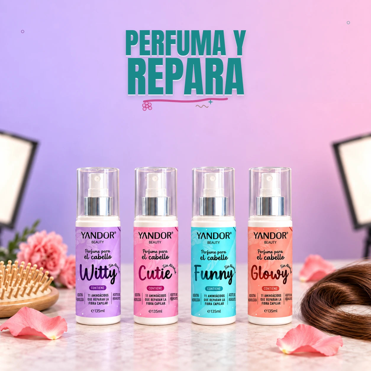 Las 4 fragancias de Perfume para el Cabello Yandor, con el título Perfuma y repara incrustado sobre un fondo pastel de estudio