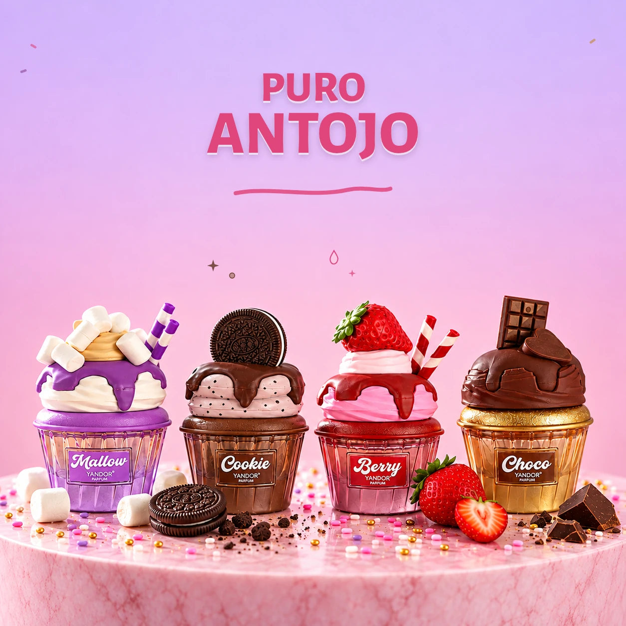 Perfumes Yandor con forma de postre Mallow, Cookie, Berry y Choco, con el título Puro antojo incrustado sobre un fondo pastel de estudio