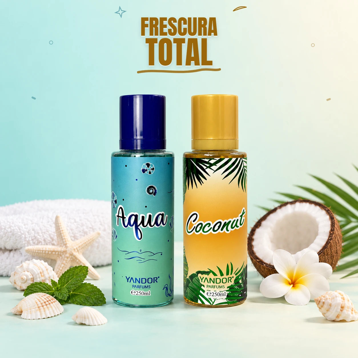 Splash corporal Yandor Aqua y Coconut, con el título Frescura total incrustado sobre un fondo pastel de estudio