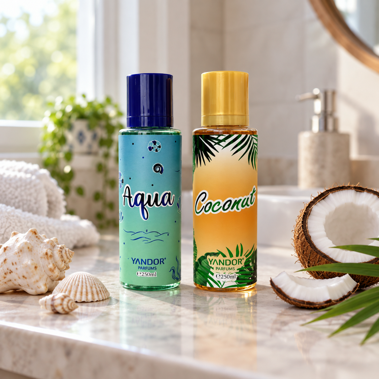 Splash corporal Yandor Aqua y Coconut sobre un mesón de baño