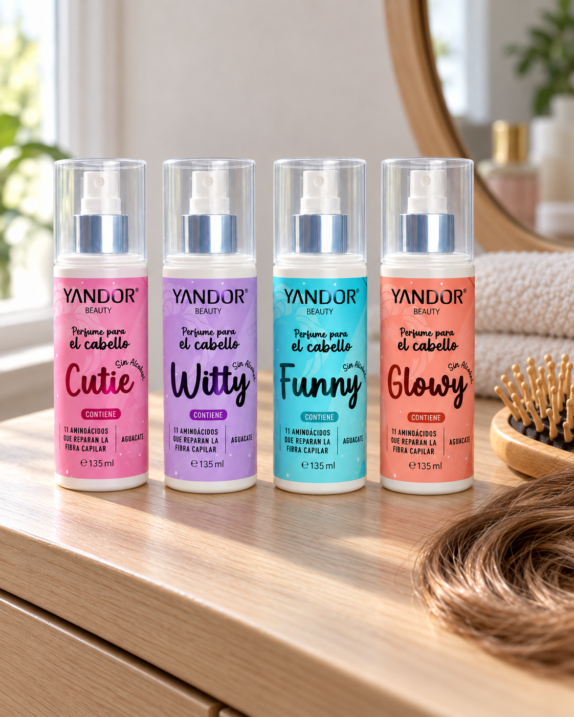 Los cuatro Perfumes para el Cabello Yandor: Witty, Cutie, Funny y Glowy
