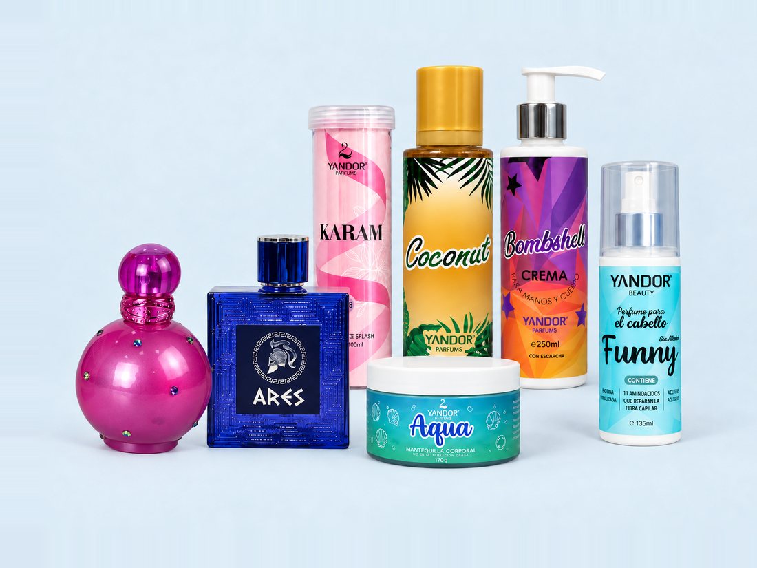 Uno de cada tipo: perfumes Fantasia y Ares, tubo Karam, splash Coconut, crema Bombshell, mantequilla Aqua y perfume para el cabello Funny